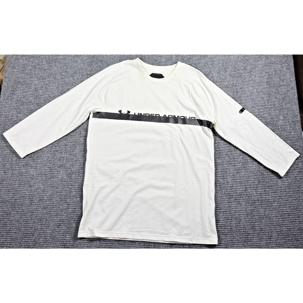 Under Armour Shirt Men's L White Long Sleeve Athletic Logo Black Stripe Logo